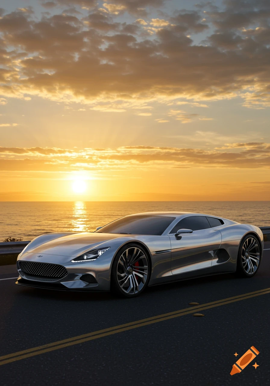 A sleek silver sports car is parked on a coastal road, with the golden sun setting over the ocean in the background.