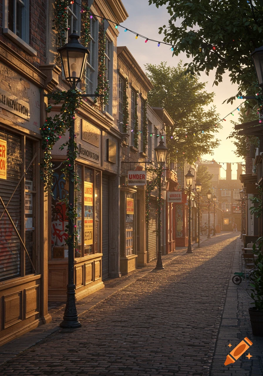 A narrow cobblestone street lined with old shops decorated with string lights and ivy at sunset, with some signs indicating renovation.