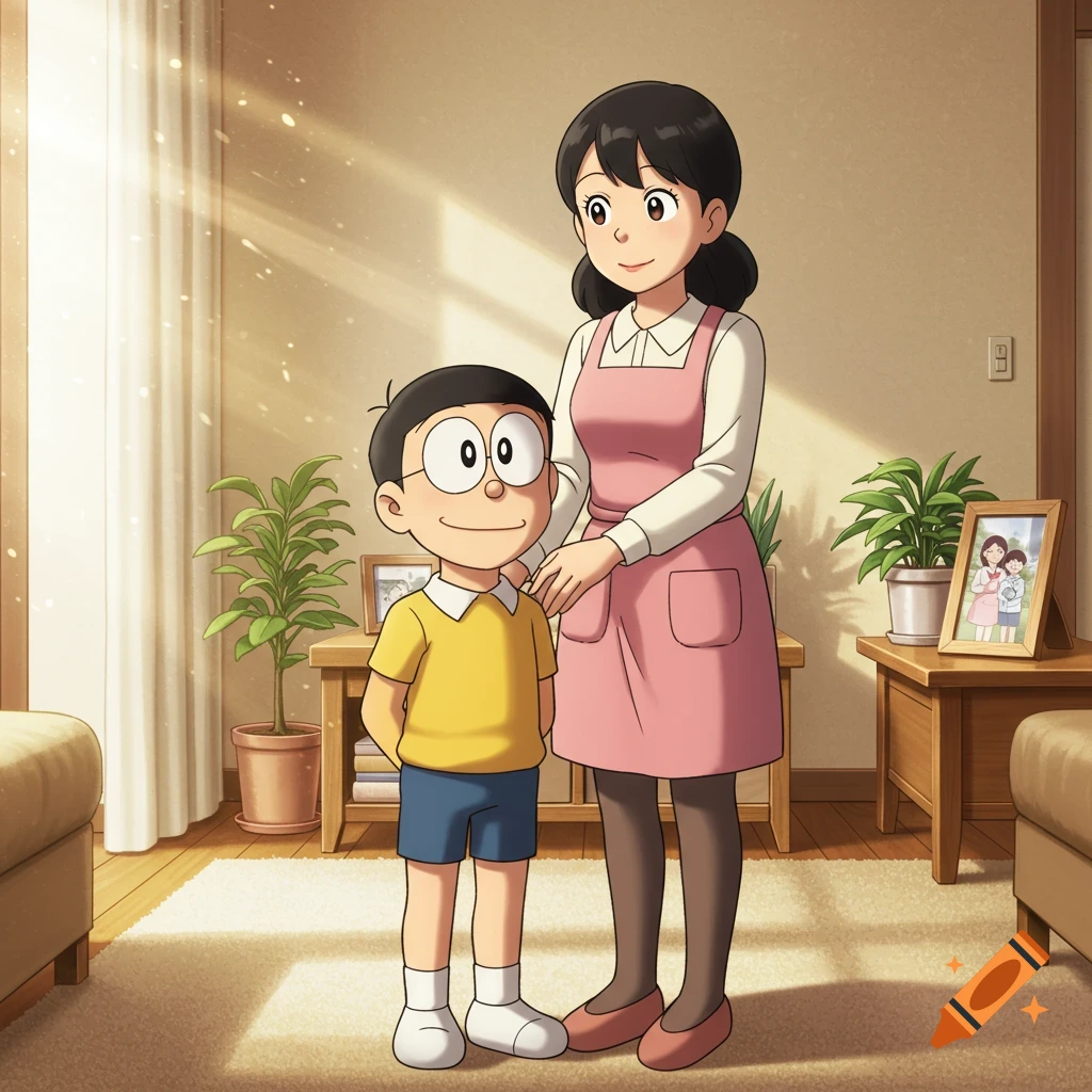 Anime illustration of Nobita Nobi standing next to his mother, Tamako Nobi, in their sunlit living room.