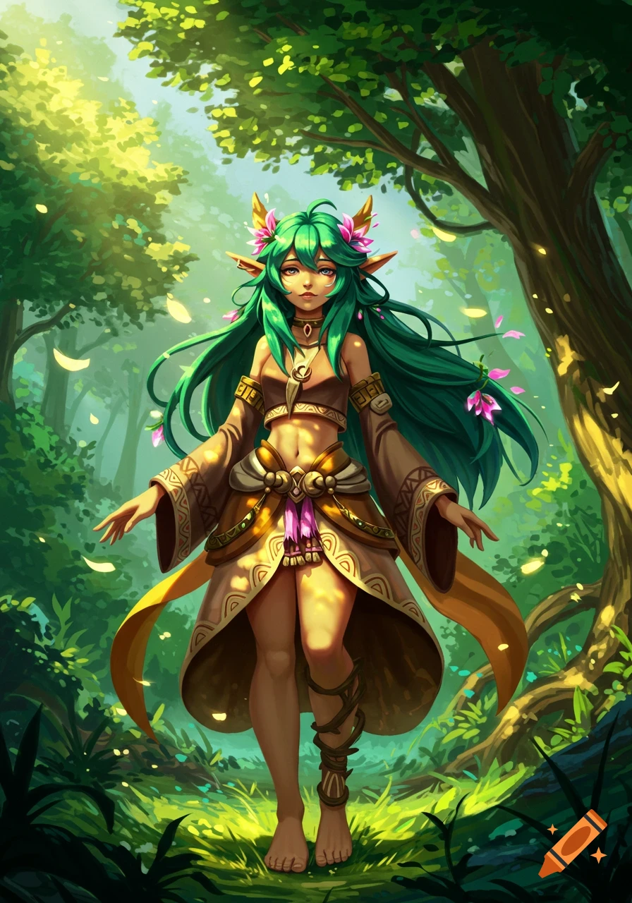 A green-haired elf girl in tribal-style clothing stands barefoot in a vibrant, sunlit fantasy forest. Digital art.