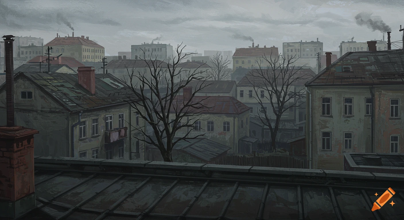 Gloomy painting of old, dilapidated European city buildings and bare trees under an overcast sky, viewed from a rooftop.