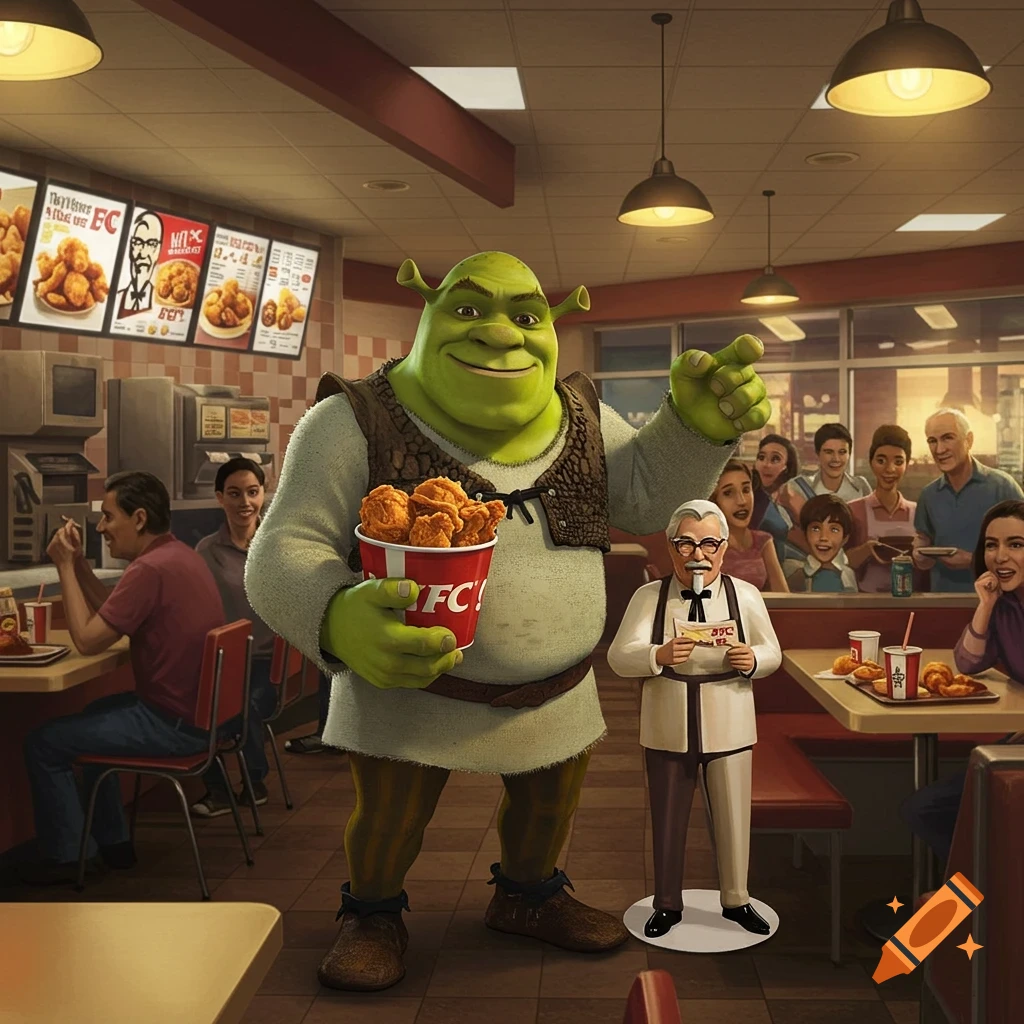 Shrek holds a KFC bucket, standing next to a Colonel Sanders cutout in a busy KFC restaurant with other patrons.