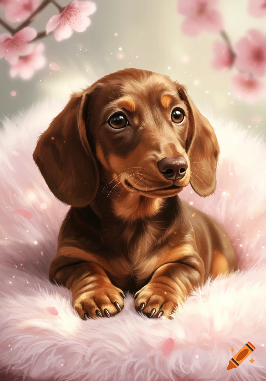 An adorable illustrated brown dachshund puppy lies on a fluffy pink blanket, with pink cherry blossoms in the background.