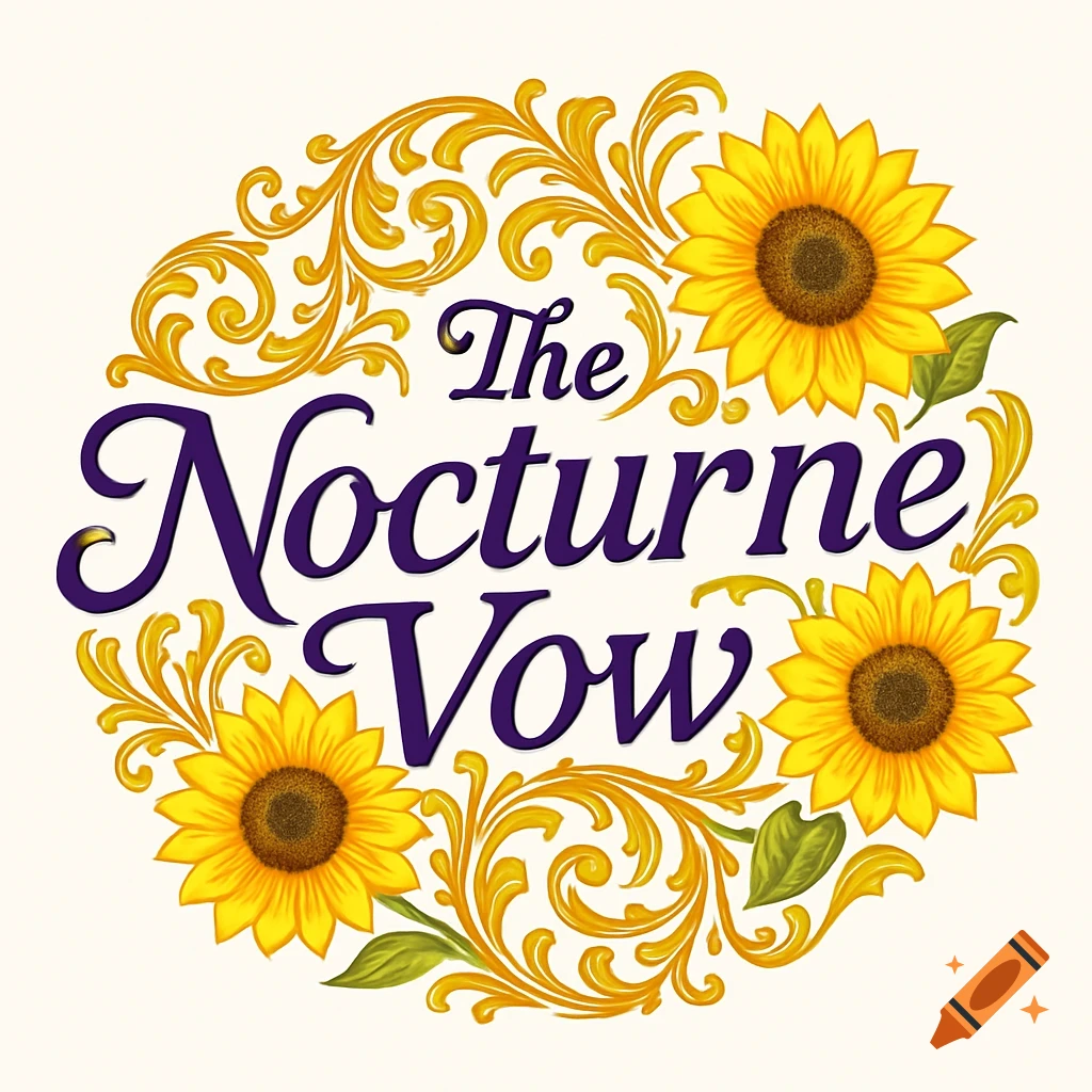 A logo with purple text "The Nocturne Vow" encircled by yellow sunflowers and intricate gold scrollwork on a light background.