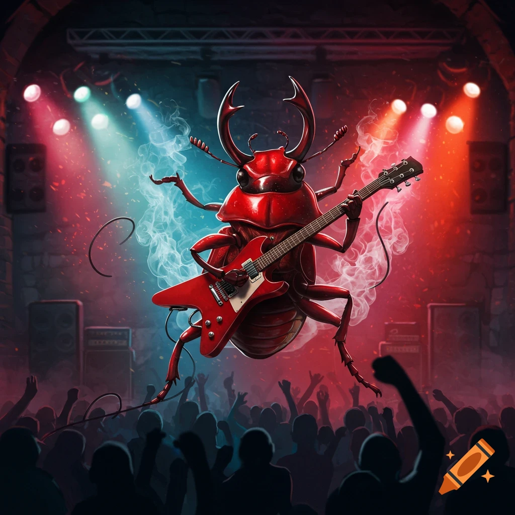 A giant red beetle with horns plays an electric guitar on a stage, surrounded by blue and red smoke, in front of a cheering, silhouetted crowd.