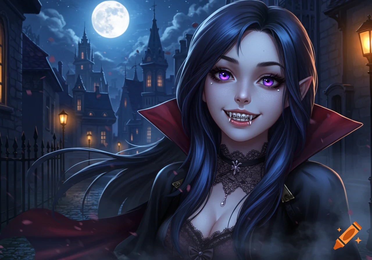 An anime vampire girl with braces, fangs, and purple eyes, wearing a black and red cape, stands on a gothic street under a full moon.