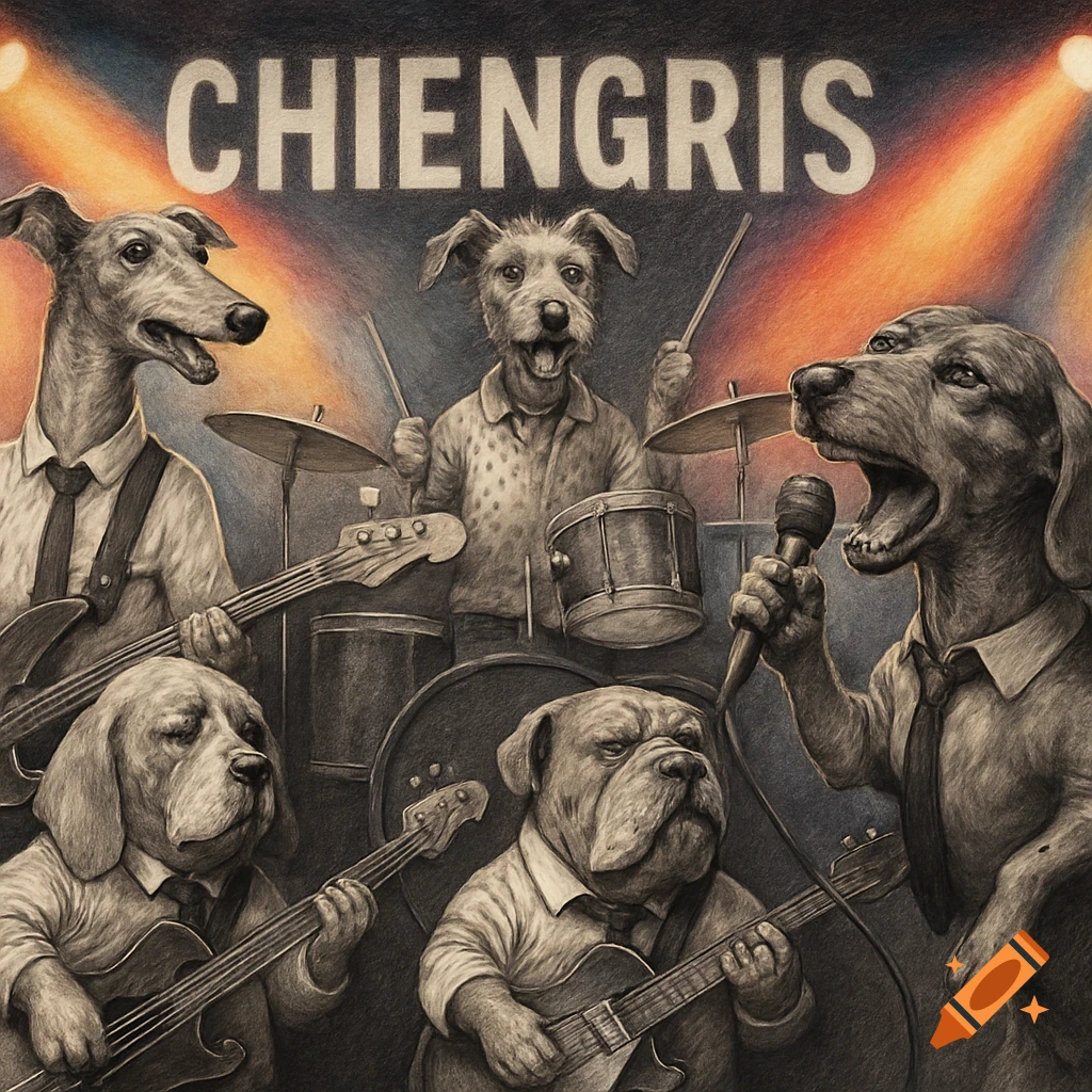 A realistic drawing of five grey dogs in a rock band on stage with spotlights, featuring a singer, guitarists, bassist, and drummer, with 'CHIENGRIS' written at the top.