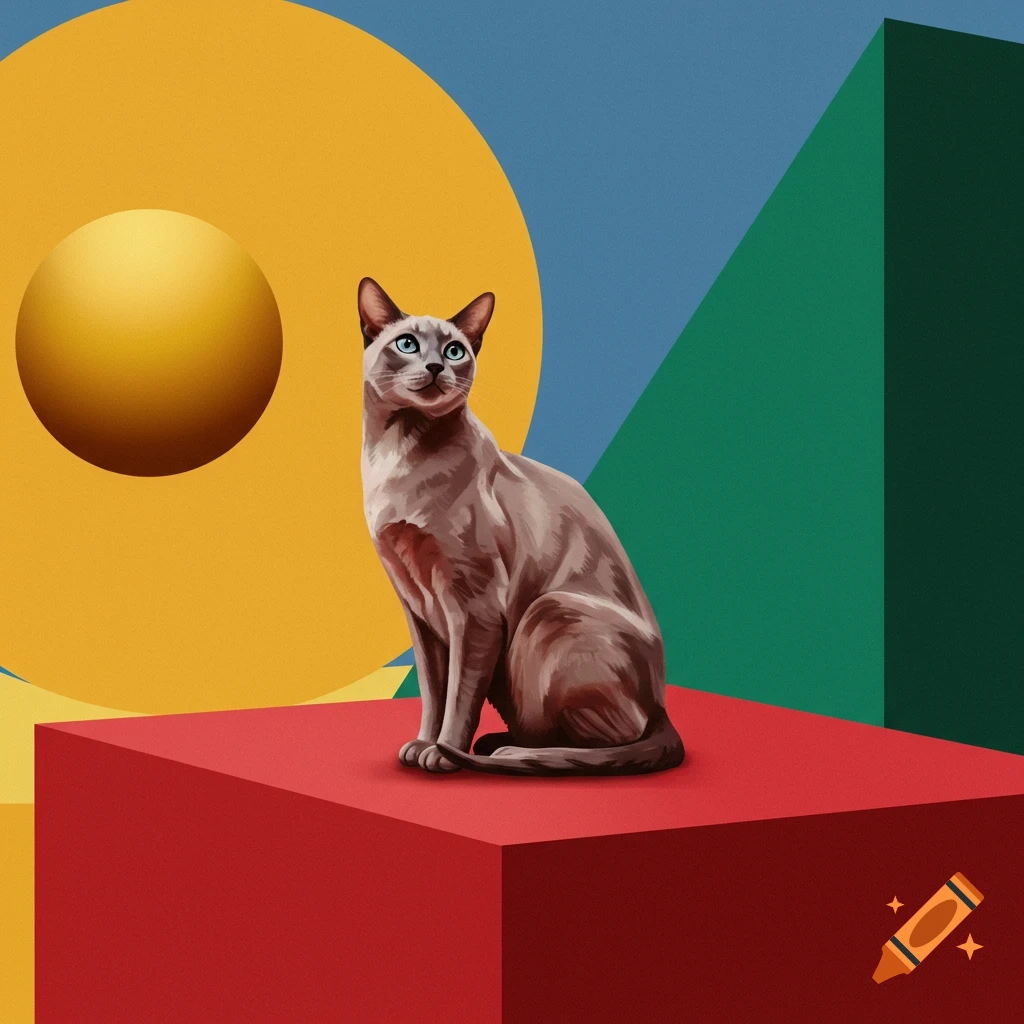 A grey cat with blue eyes sits on a red cube, with a yellow circle and green triangle in the geometric background.