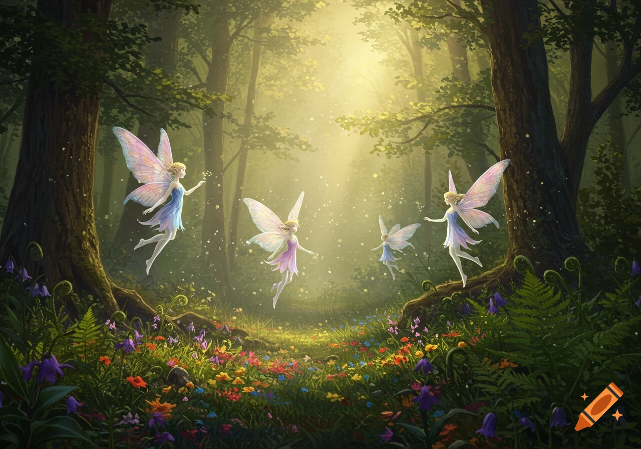 Four luminous fairies float among colorful wildflowers in an enchanted forest bathed in golden light.