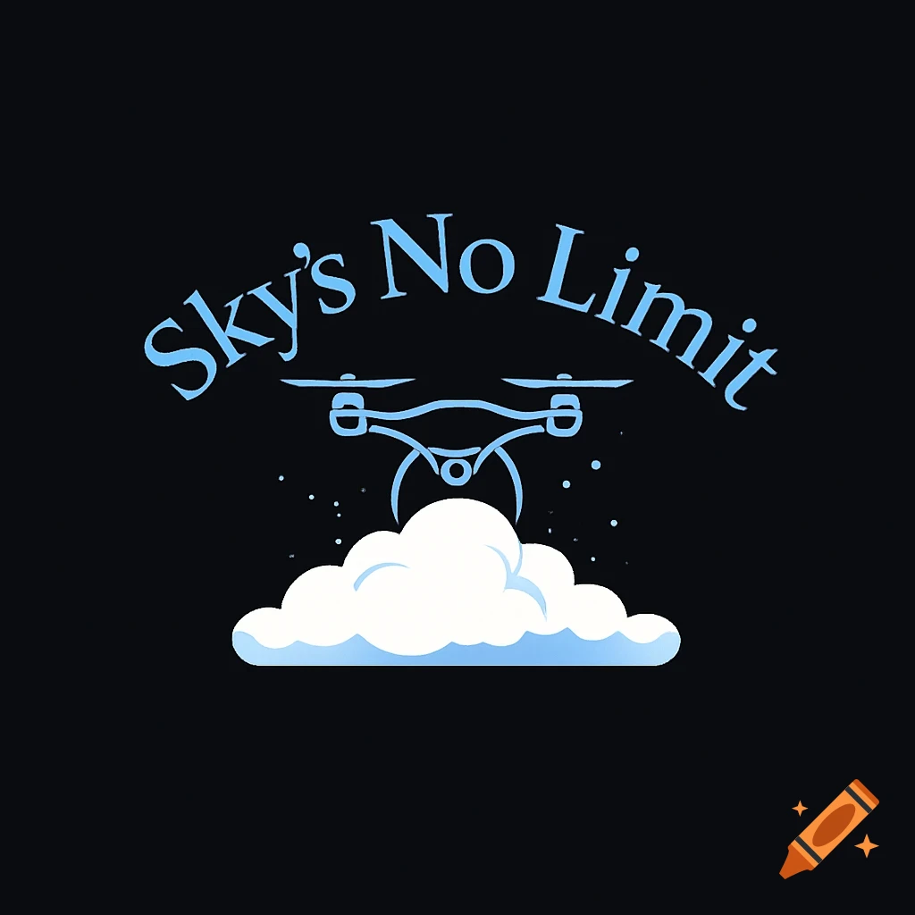 A logo with light blue text 'Sky's No Limit' curved above a blue abstract drone outline and a white cloud on a black background.