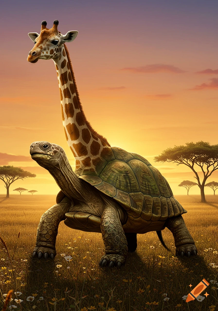 A photorealistic hybrid of a giraffe and a turtle standing in a grassy savanna at sunset.