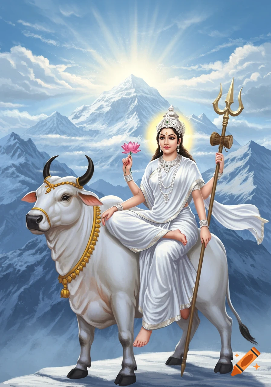 Shailaputri Devi, a multi-armed Hindu goddess, in white, sits on a white bull in snowy mountains, holding a lotus and trident.