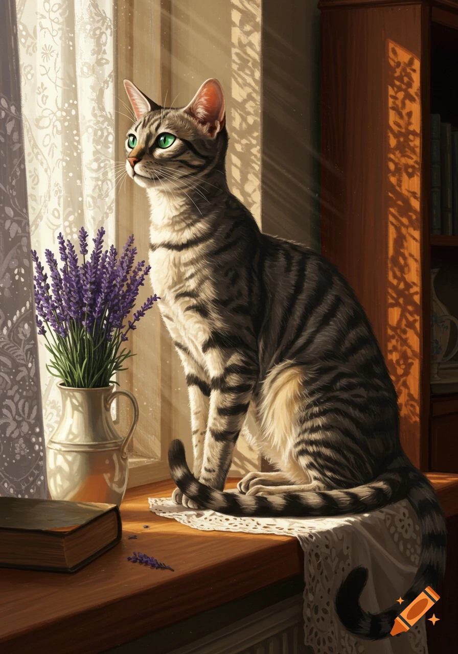 A tabby cat with green eyes sits on a sunny windowsill next to a vase of lavender and a book.