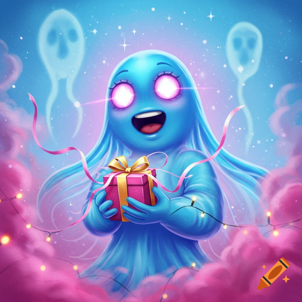 A whimsical blue ghost-like creature with glowing pink eyes holds a gift, surrounded by pink clouds and smaller ghostly figures.