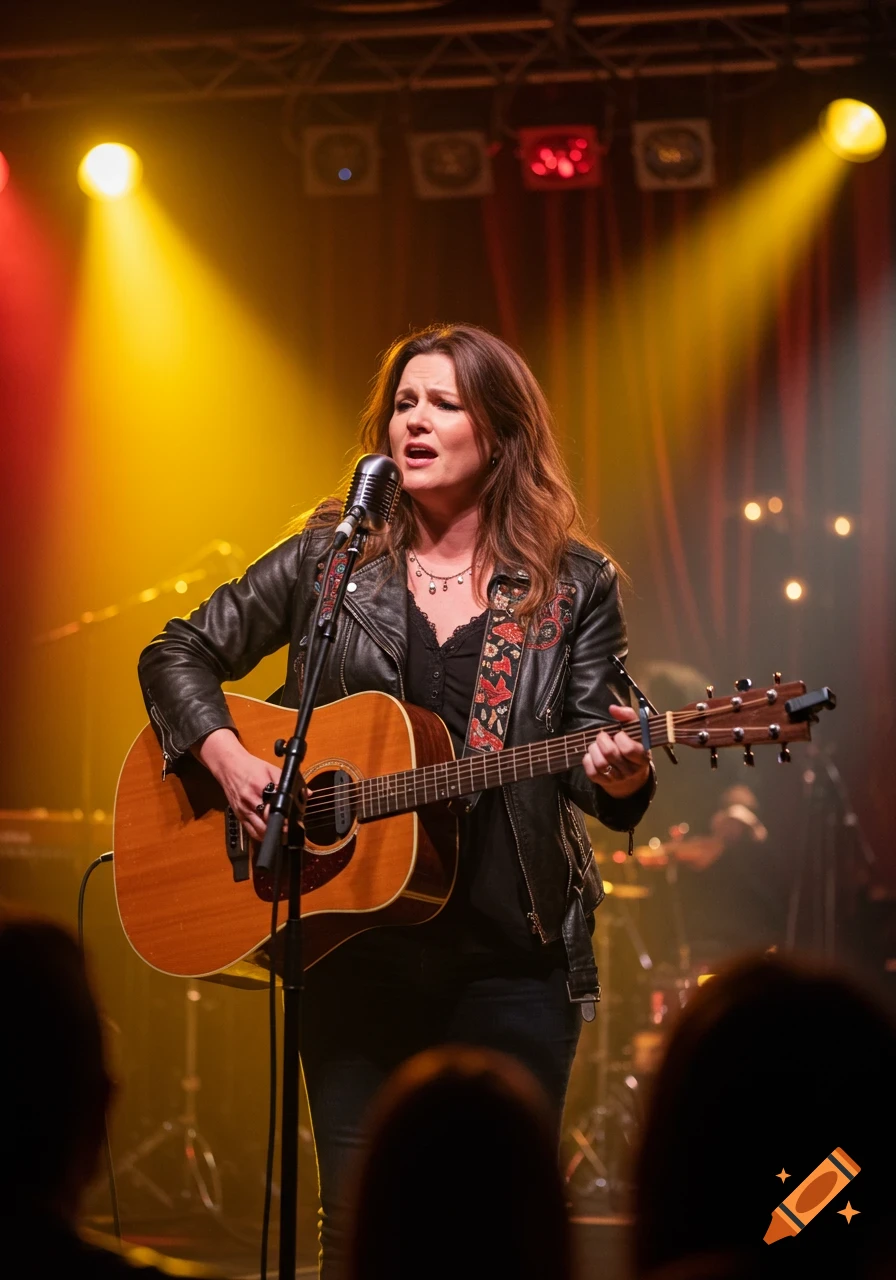 A woman sings into a microphone while playing an acoustic guitar on a stage under warm spotlights.