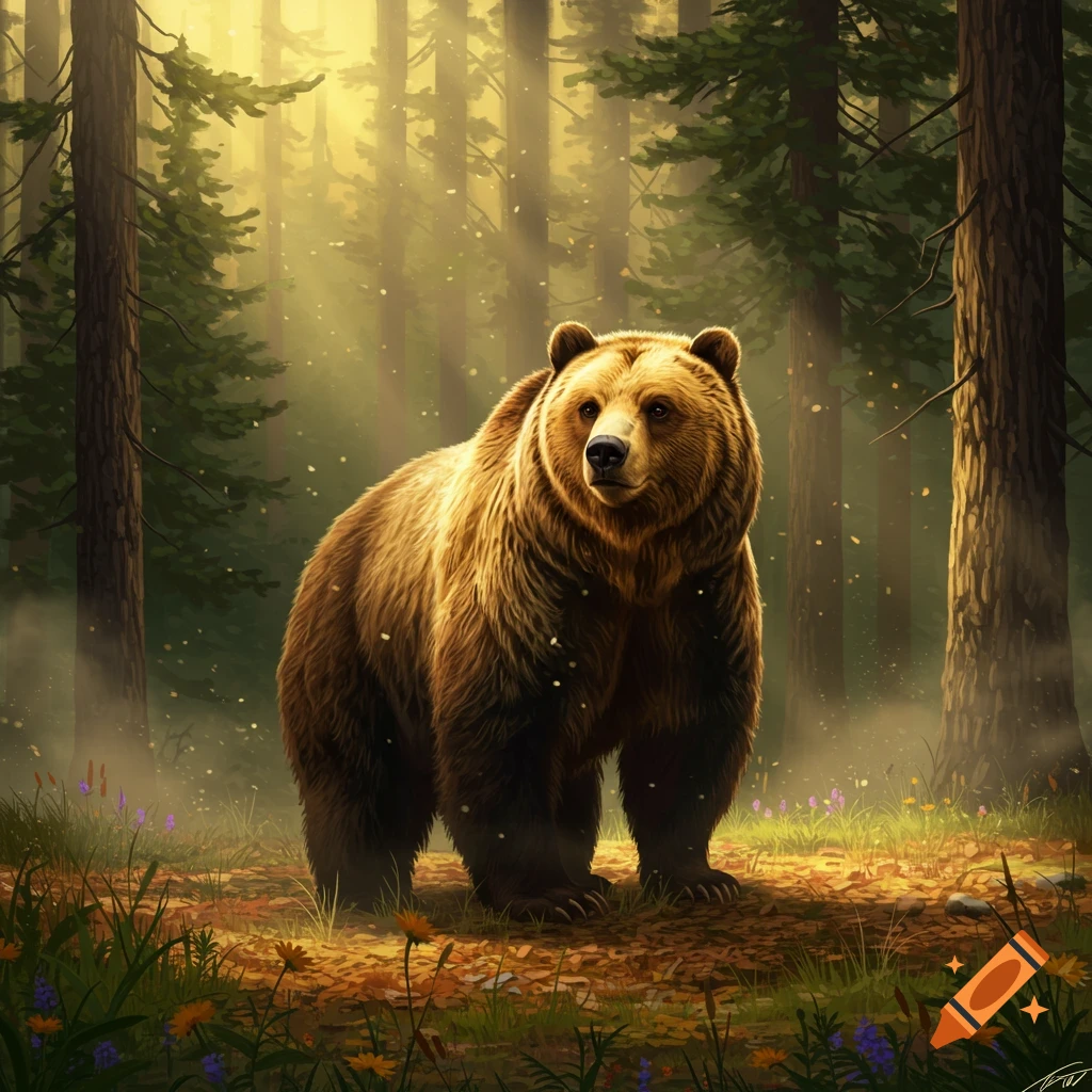 A large brown bear stands in a sunny, misty forest with tall trees and dappled light.