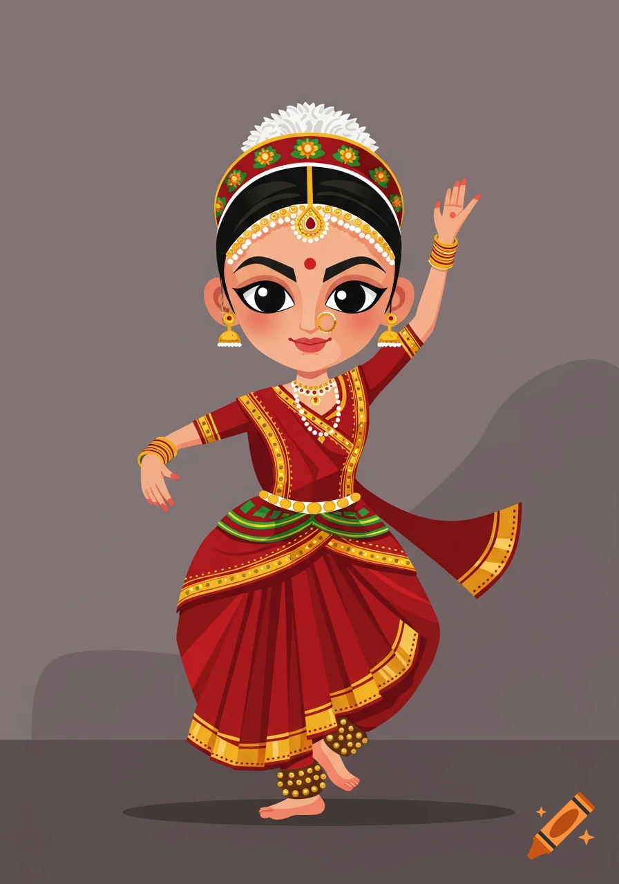 A cartoon illustration of an Indian Kathak dancer in a red traditional dress, gold jewelry, and anklets, posing against a grey background.