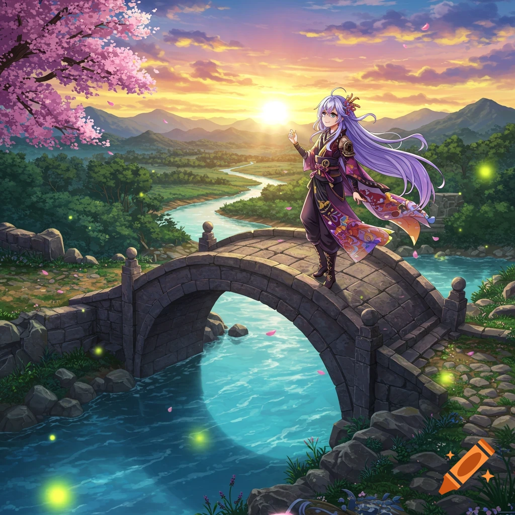 An anime girl with long purple hair in a kimono stands on a stone bridge over a river, with cherry blossoms and a sunset.