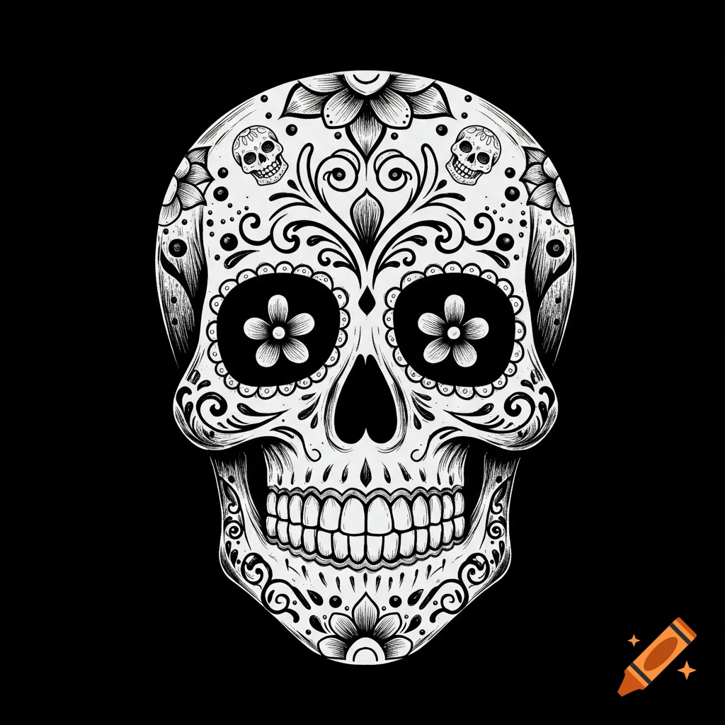 A black and white decorative Mexican sugar skull with intricate floral patterns and smaller skulls on its forehead, on a black background.