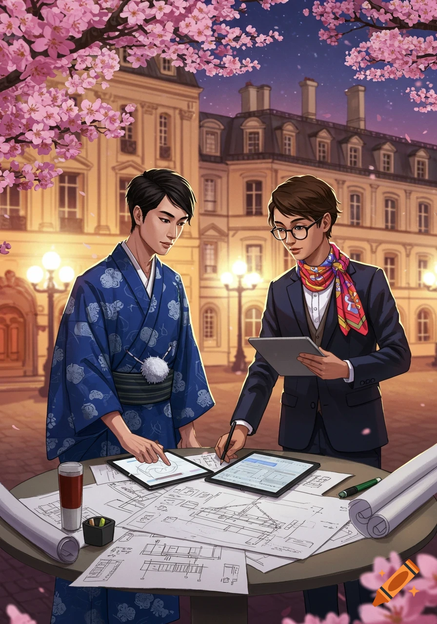 Anime art of two men, one in a kimono, one in a suit, collaborating on blueprints under cherry blossoms.