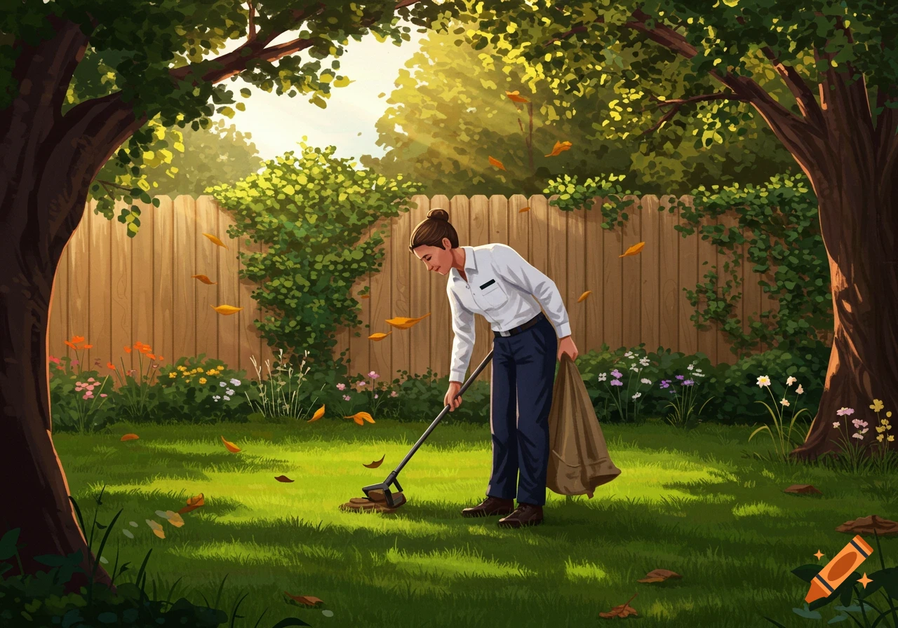 An illustration of a person in a backyard using a scooper to clean up dog waste among fallen leaves.