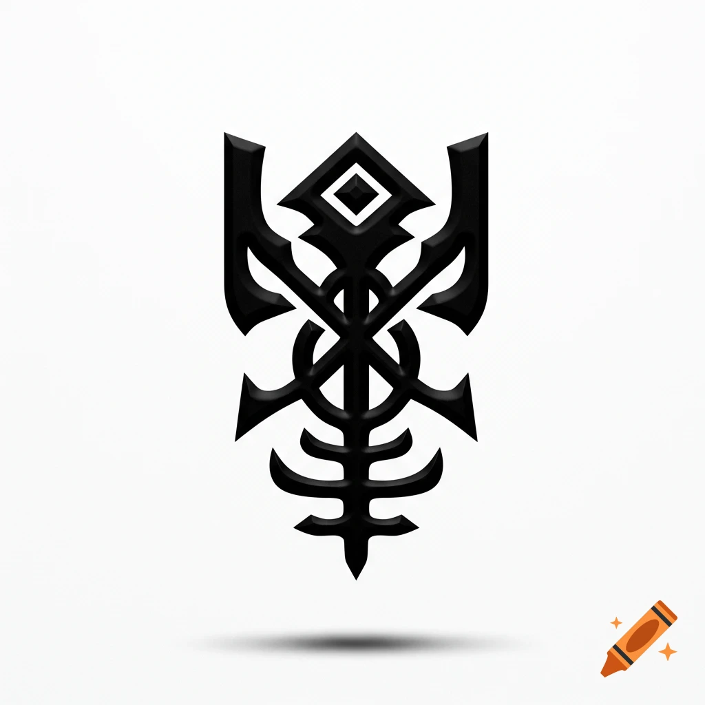 A symmetrical black stylized Khazarian symbol with geometric and curved elements, embossed on a white background.