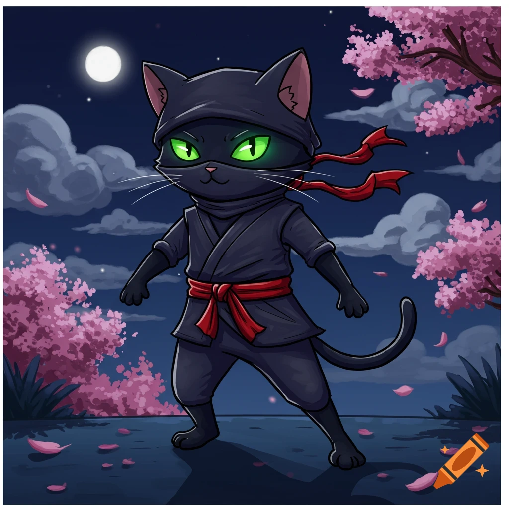 A black cartoon ninja cat with glowing green eyes stands at night among pink cherry blossoms under a full moon.