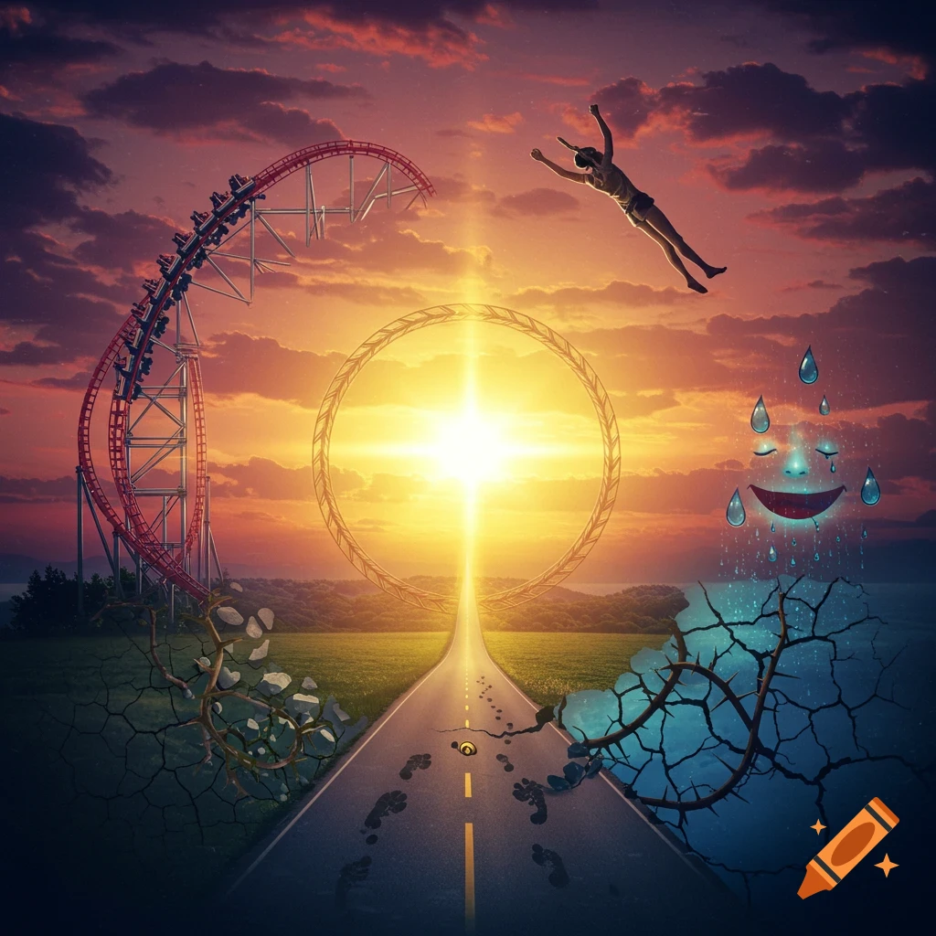 Surreal painting of life's journey: rollercoaster, falling person, glowing light, footprint road, crying face, sunset sky.