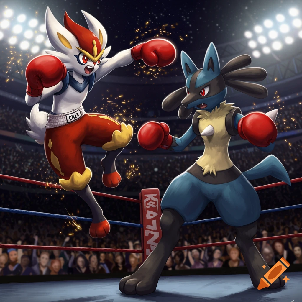 Cinderace punches Lucario in an anime-style boxing match in a ring with a crowd watching and sparks flying.