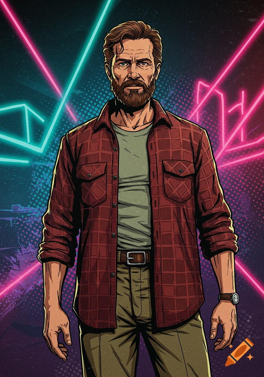 A middle-aged man with a beard, wearing a red plaid flannel shirt and khaki pants, rendered in an 80s comic book style against a neon background.