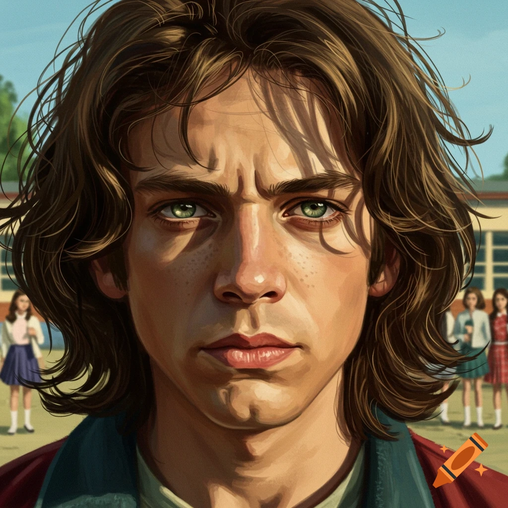 Illustrative close-up portrait of a serious-looking boy with long brown hair, green eyes, and freckles, a schoolyard in the background.