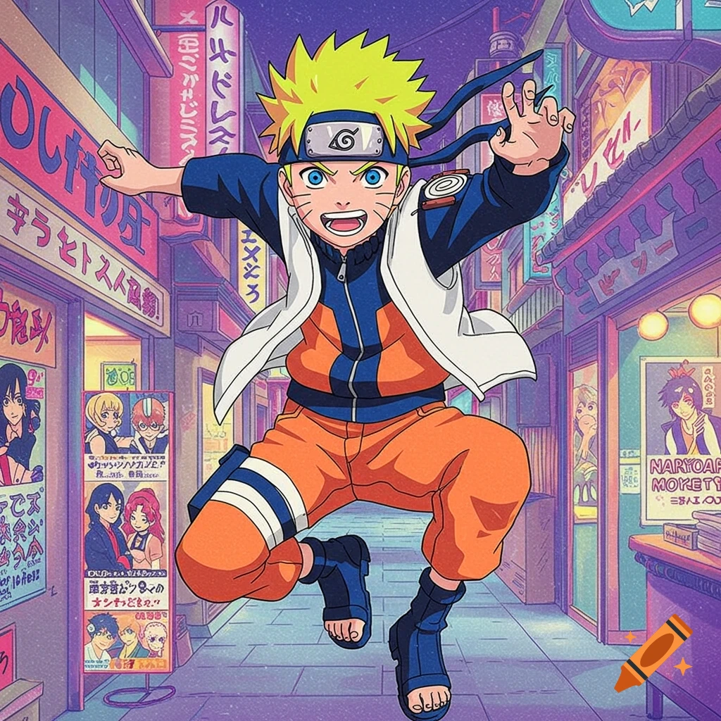 Naruto Uzumaki leaps in a 90s anime style, wearing orange and blue, in a vibrant, neon-lit city street with Japanese signs.