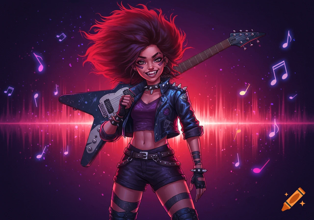 A vibrant digital illustration of an edgy rock girl with red hair, holding an electric guitar against a neon sound wave background with musical notes.
