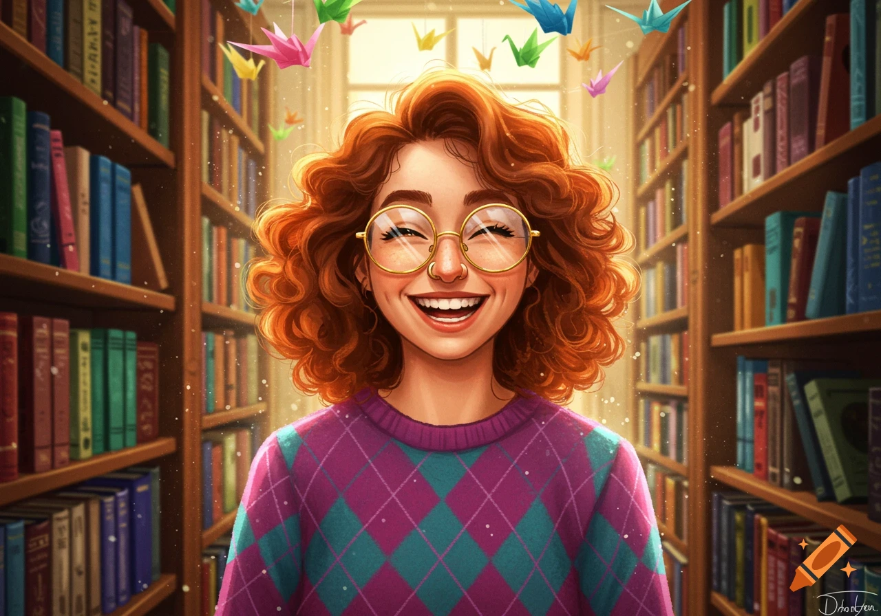 Digital illustration of a joyful, red-haired woman with glasses, smiling brightly in a library with colorful origami cranes floating above.