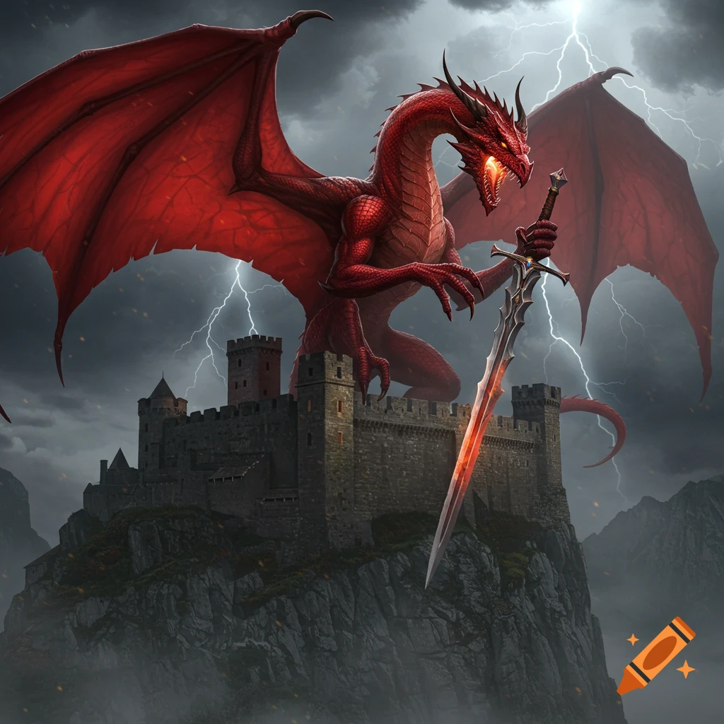 A formidable red dragon with glowing eyes holds a fiery sword, perched on a castle under a stormy, lightning-filled sky.
