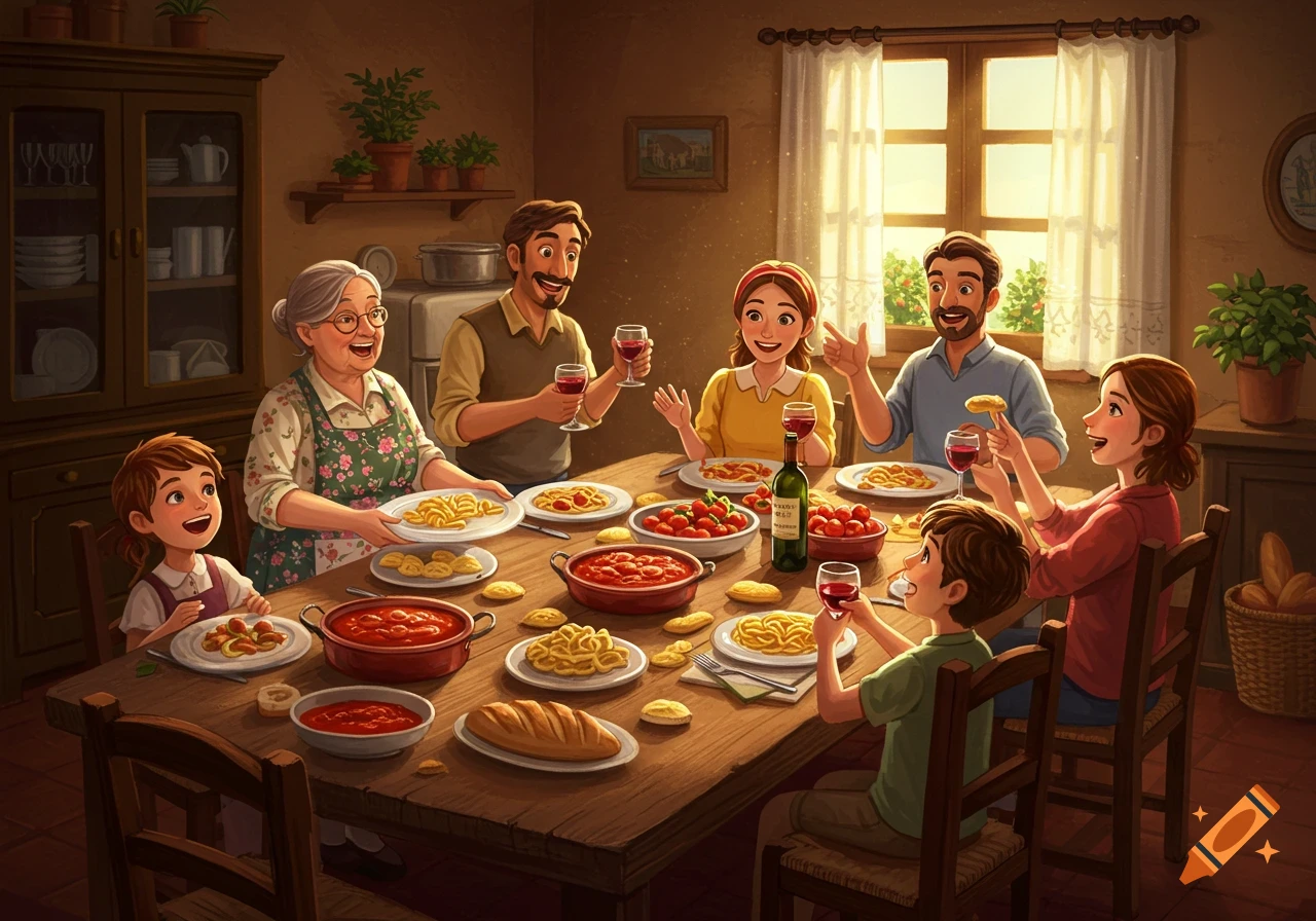 A large Italian family enjoys a lively dinner around a rustic wooden table filled with pasta, bread, and red wine.