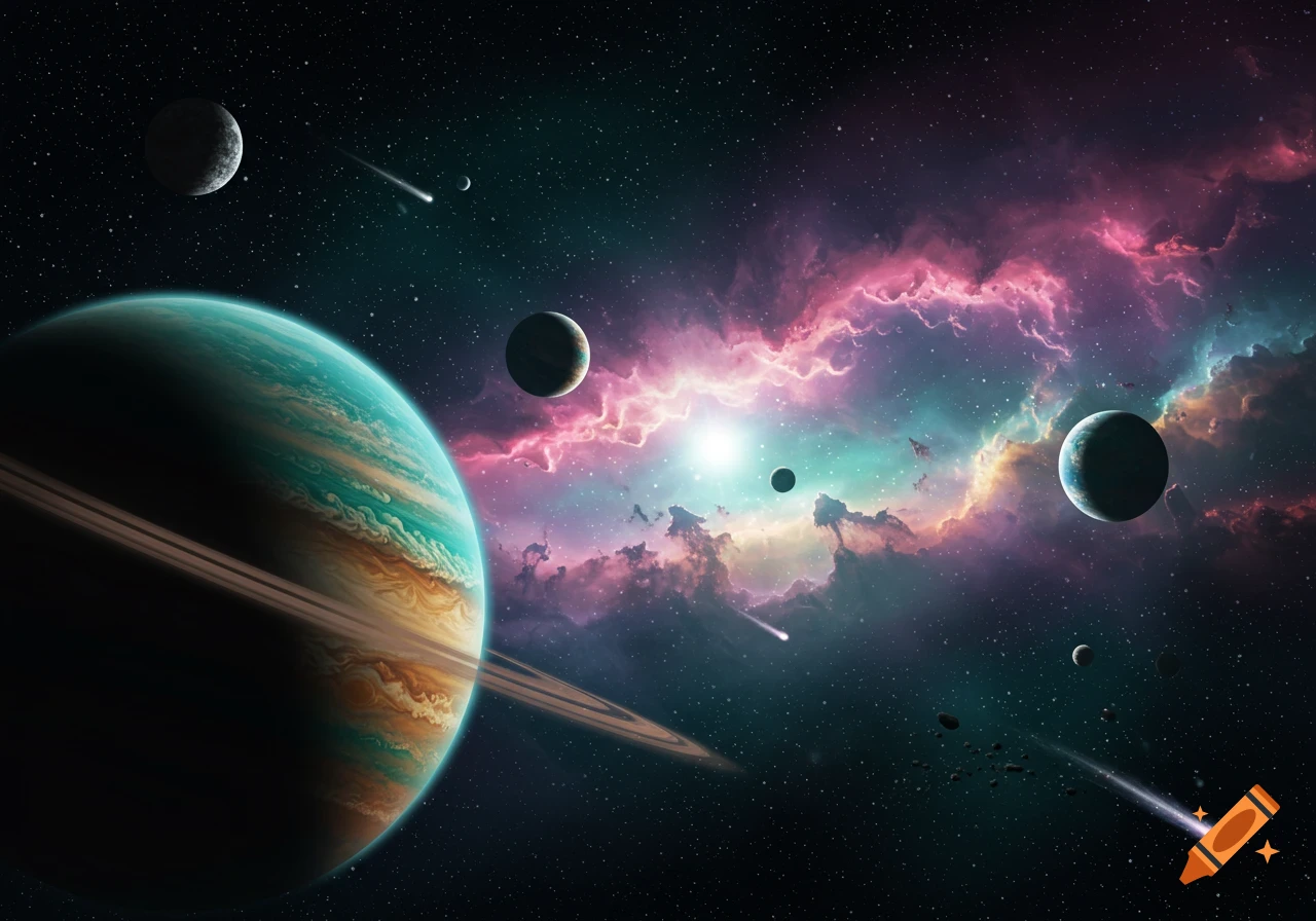 A vibrant cosmic scene with a large ringed planet, various other planets, shooting stars, and colorful nebulae in deep space.
