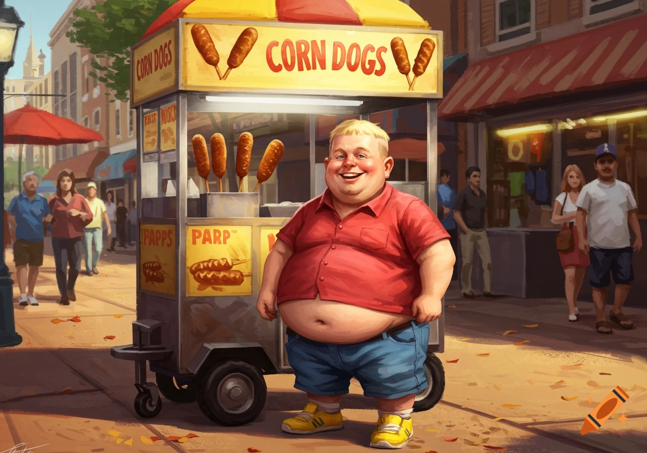 A smiling, chubby blonde man in a red shirt and jean shorts stands by a corn dog cart on a bustling street, in a digital painting style.