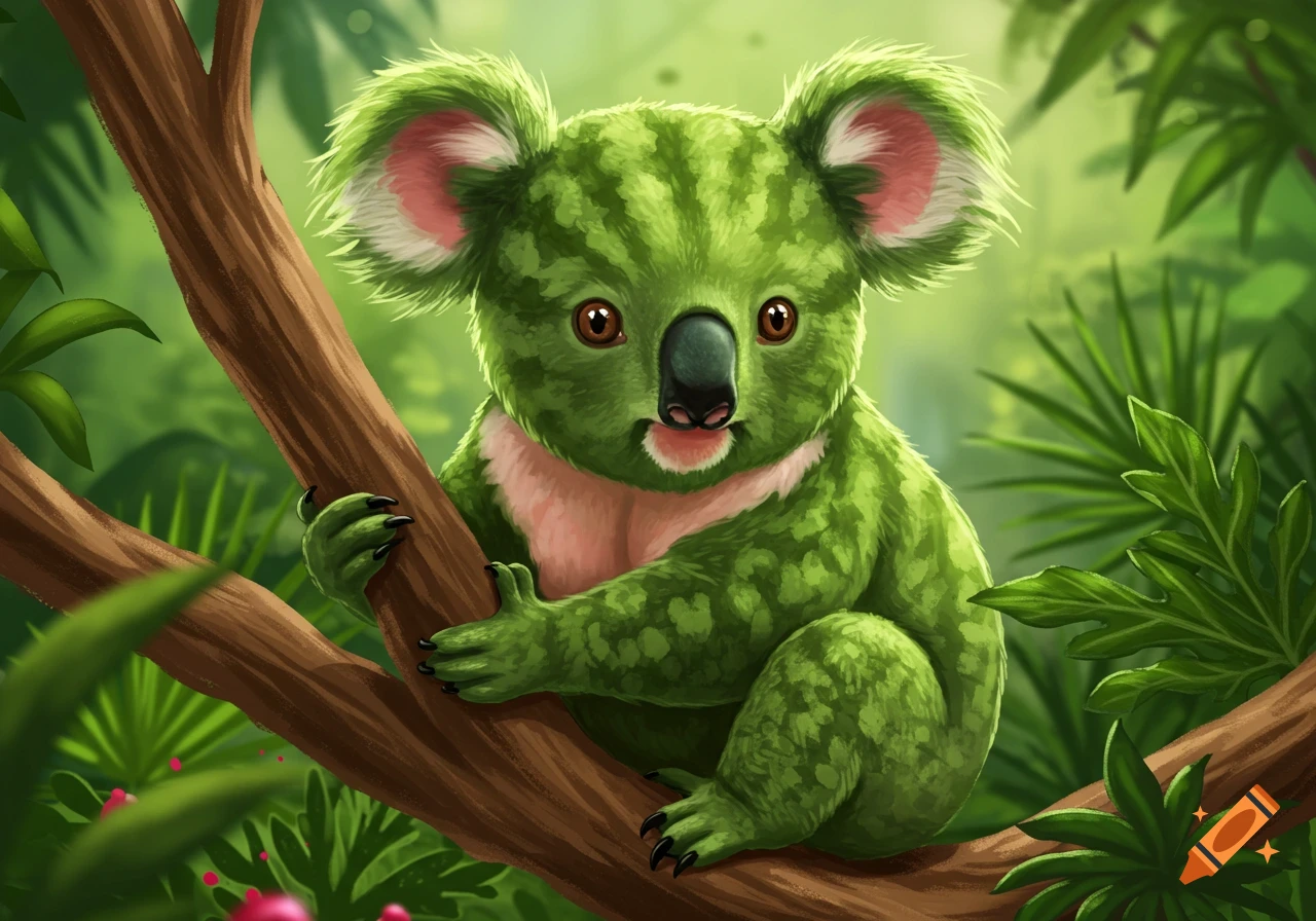A cute green koala with watermelon stripes and pink ears sits on a tree branch in a lush jungle, in an illustrated style.
