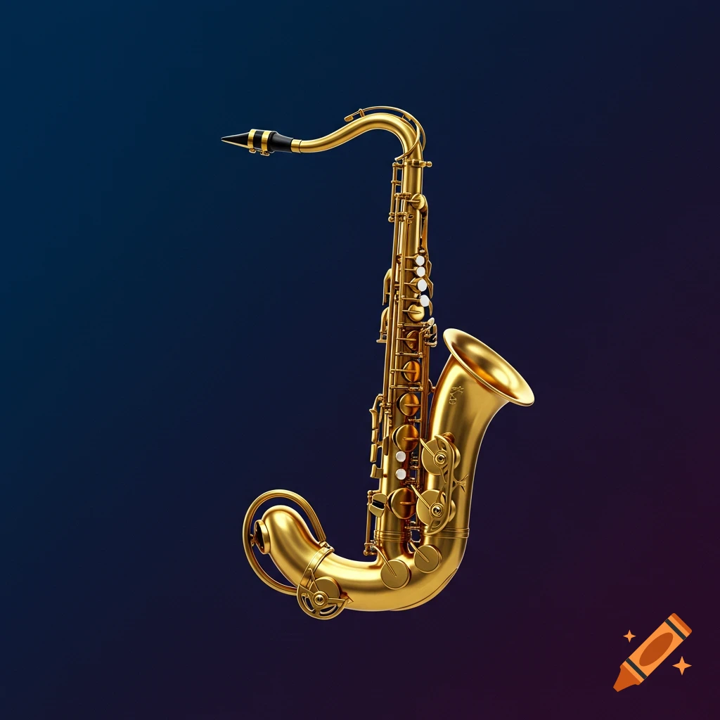 A shiny golden saxophone with a curved body against a dark blue and purple gradient background.