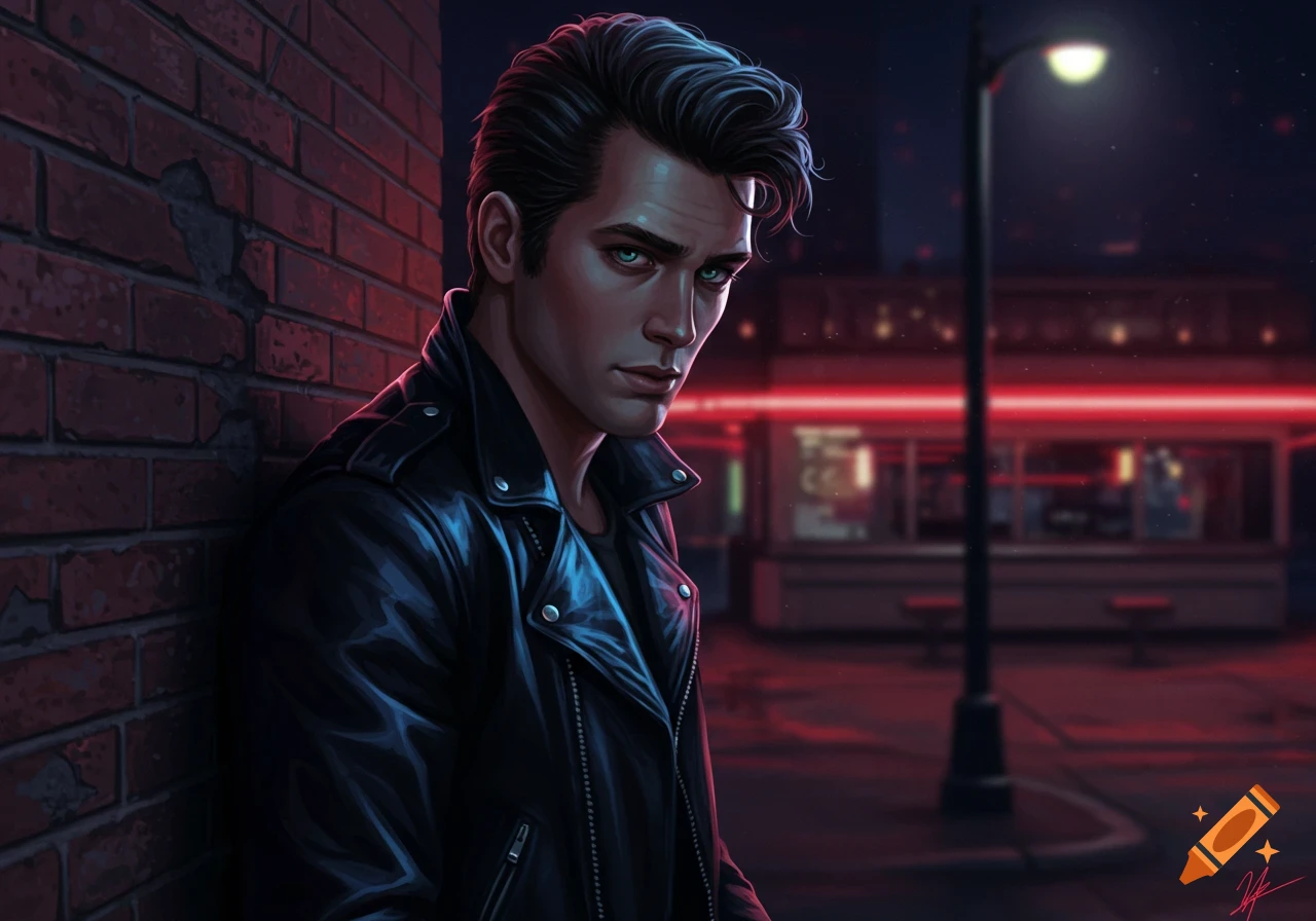A greaser with dark hair and pale blue-green eyes leans against a brick wall in a neon-lit city at night.