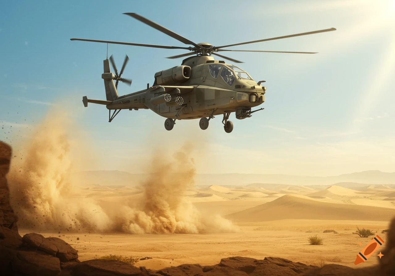 A photorealistic military helicopter takes off from a vast desert, kicking up dust under a bright blue sky.
