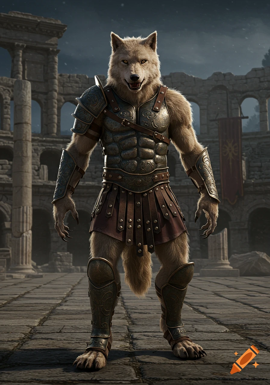A photorealistic light brown werewolf in ancient gladiator armor stands among ruined stone structures under a dark sky.