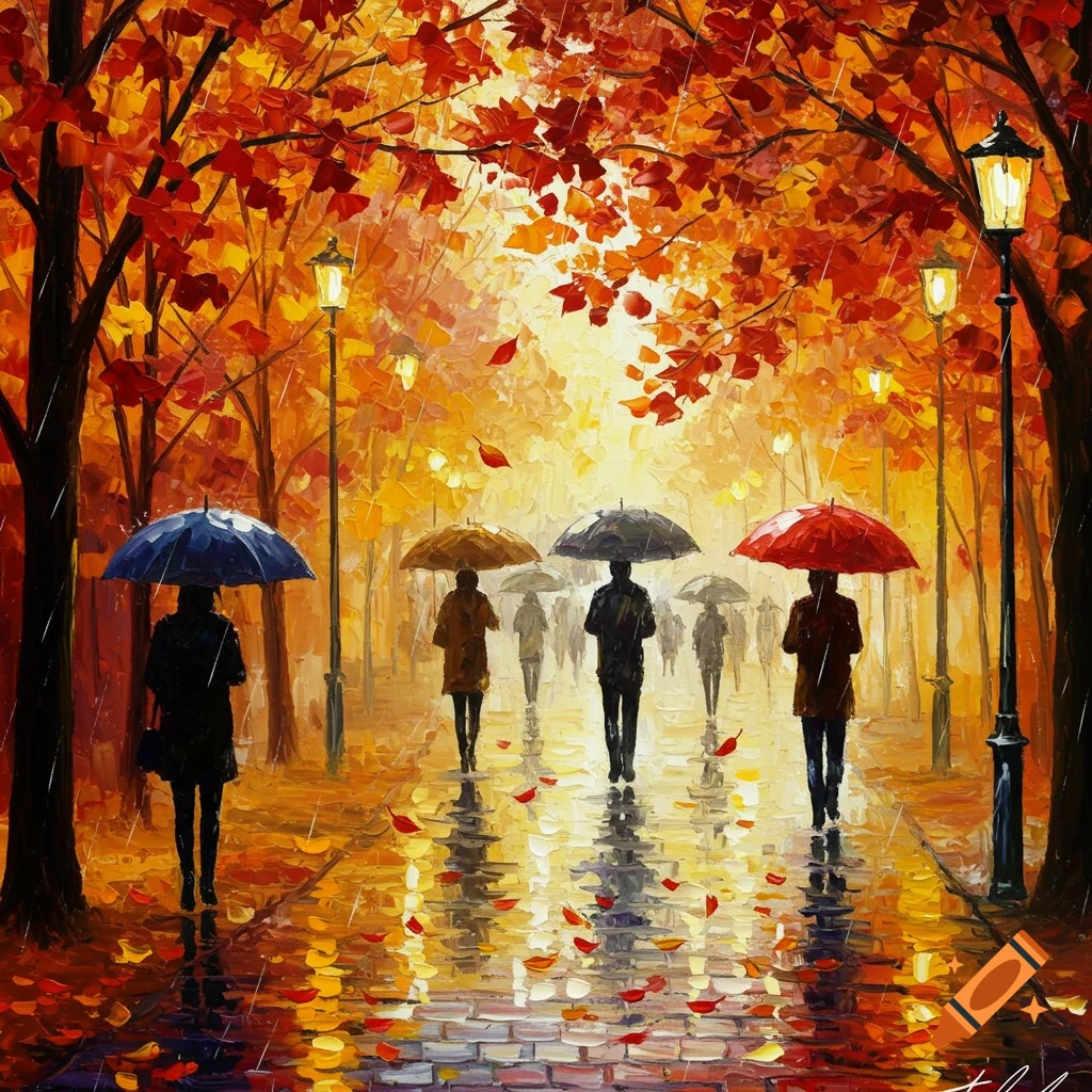 Oil painting of people with umbrellas walking on a rainy autumn path with vibrant red and orange trees and glowing street lamps.