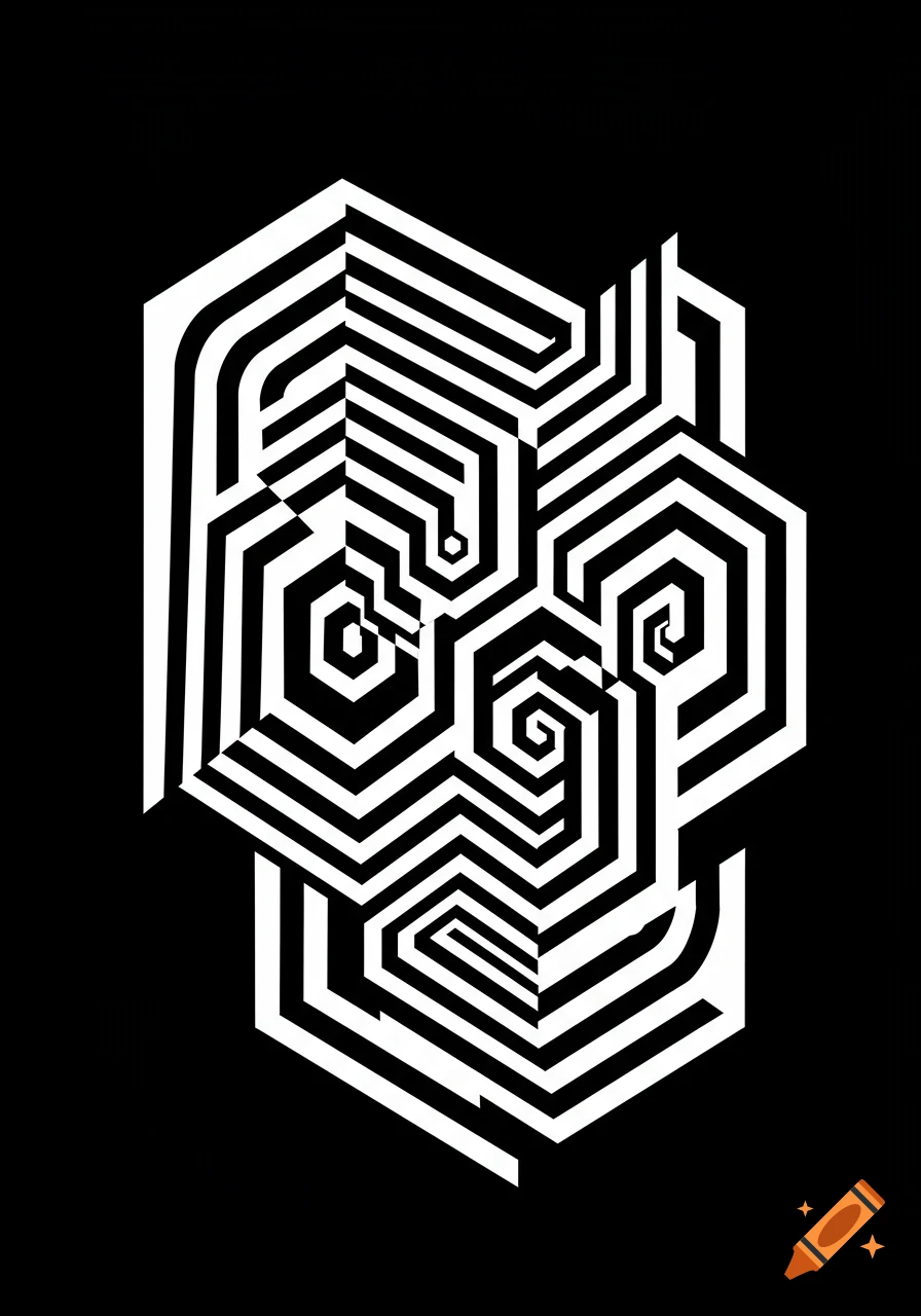 A black and white abstract geometric pattern composed of interlocking lines and hexagonal shapes.