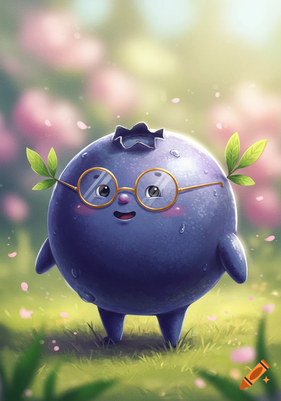 A cute, smiling cartoon blueberry wearing round glasses stands in a grassy field with pink flowers.