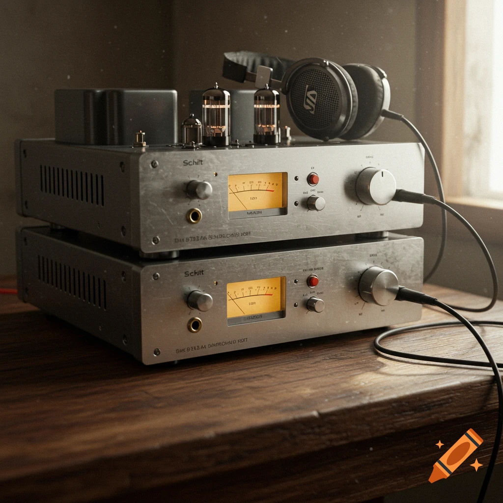 Two vintage-style silver audio units, stacked, with vacuum tubes, meters, and knobs. Black headphones rest on the top unit. The setup is on a wooden table, with soft light from a window on the right, in a photorealistic style.