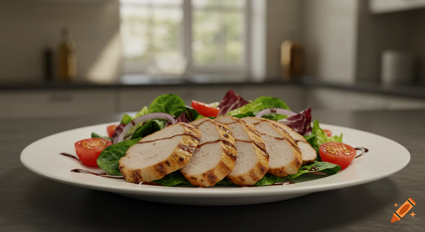 Photorealistic grilled turkey salad with fresh greens, tomatoes, and balsamic drizzle on a white plate in a kitchen.