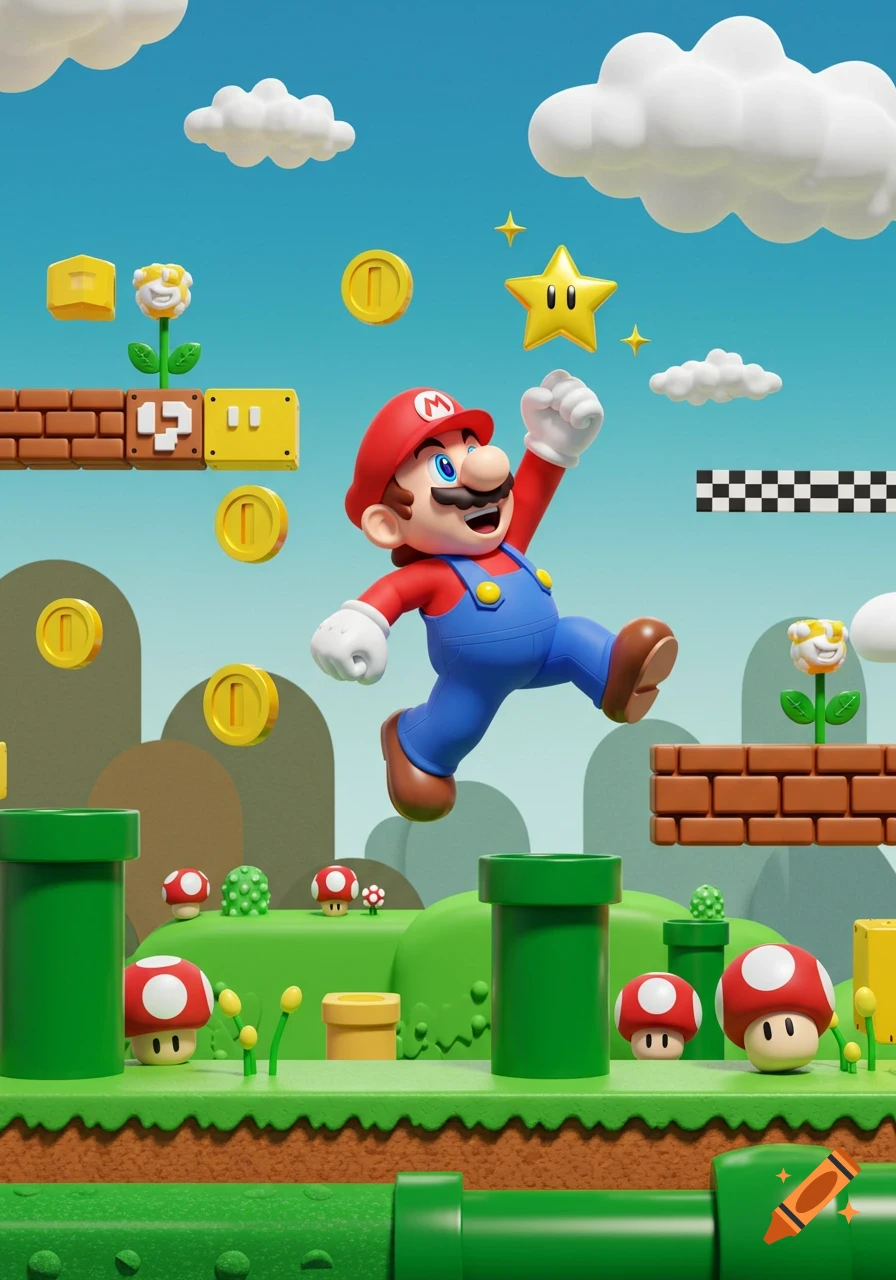 Mario jumps in a colorful 3D rendered Super Mario Bros. level, surrounded by coins, blocks, pipes, and mushrooms.