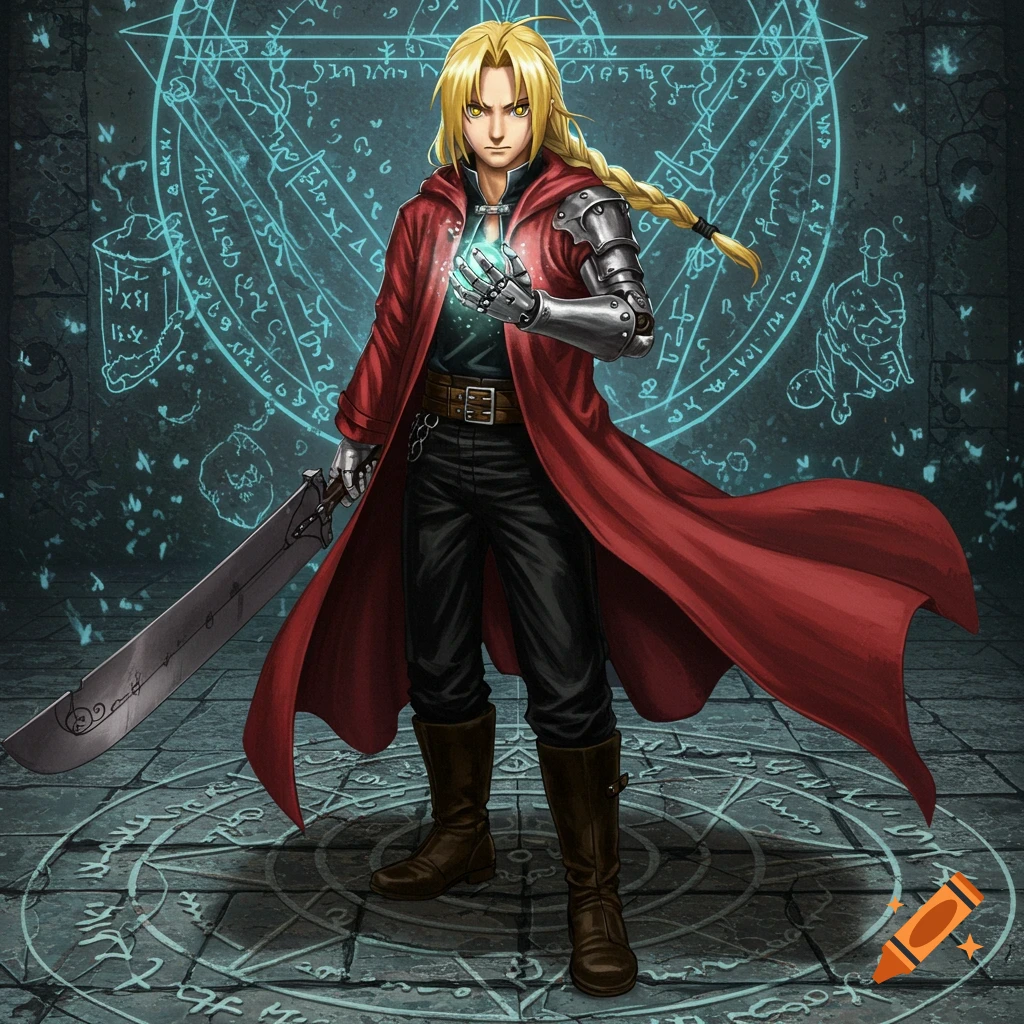 Edward Elric, a blonde man in a red coat with a metal arm, holds a sword and a glowing orb, surrounded by blue alchemical symbols.